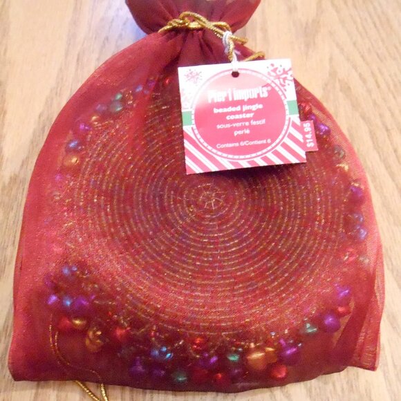 Vintage Pier 1 Imports Beaded Jingle Bell Holiday Drink Coasters-Set of 6-NWT - Picture 1 of 4